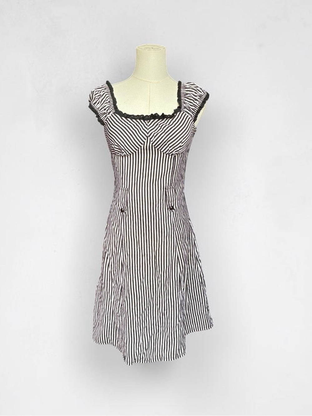 Black and White Striped Cap-Sleeve A-Line Dress